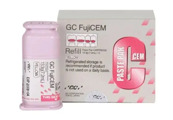 GC FujiCEM dental refill in yellow packaging for dental use with cartridge and box