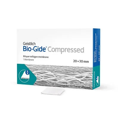 Geistlich Bio-Gide compressed membrane packaging showing collagen membrane for dental regeneration