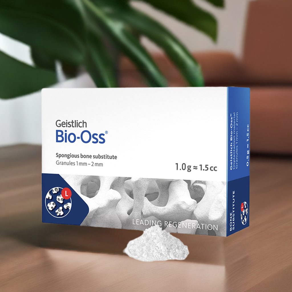 Geistlich Bio Oss box containing spongious bone substitute granules 1mm to 2mm, ideal for dental procedures. Buy Geistlich Bio Oss online.