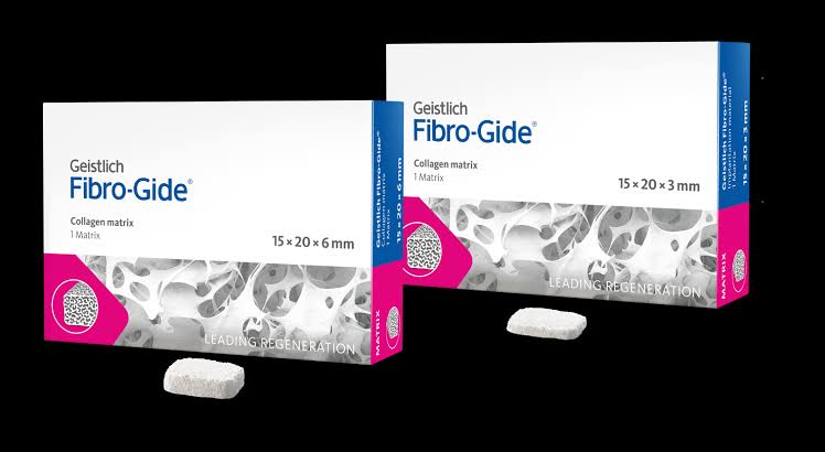 Geistlich Fibro-Gide collagen matrix packaging and product display for dental regeneration