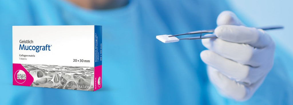 Geistlich Mucograft FibroGide Combi Pack showcased with dental tool for tissue regeneration procedures