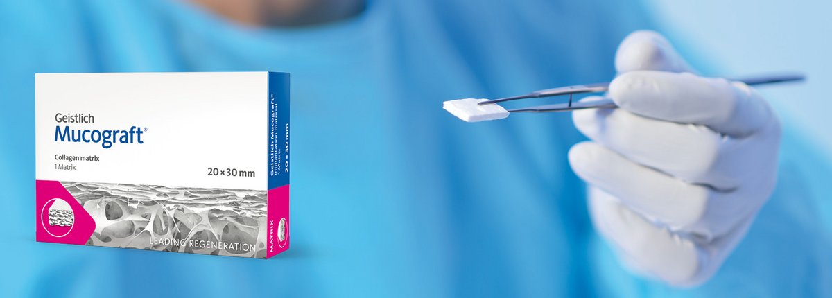Geistlich Mucograft FibroGide Combi Pack showcased with dental tool for tissue regeneration procedures