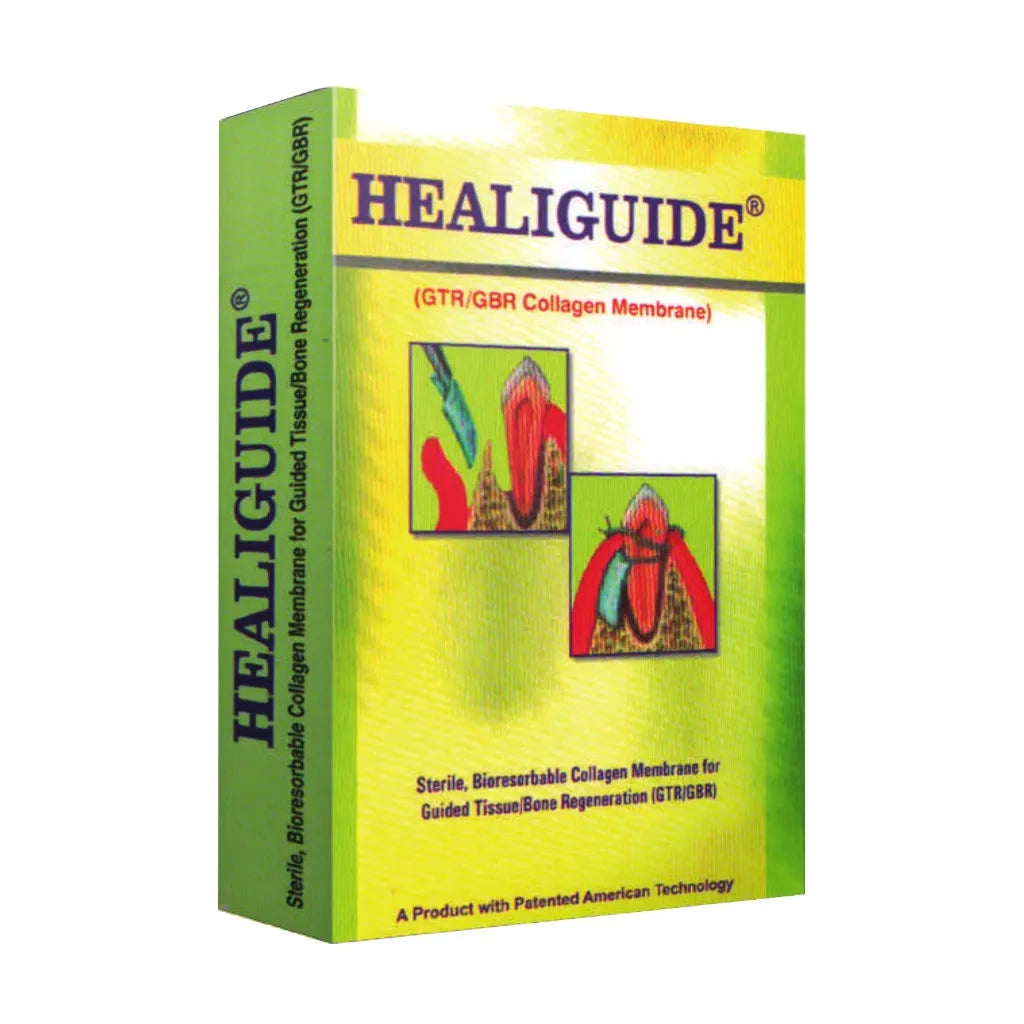 Healiguide GTR membrane box featuring instructions for Guided Tissue-Bone Regeneration applications