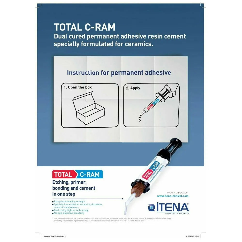Itena Total C-Ram TR Shade dental cement syringe with applicator tip and instruction card on blue packaging