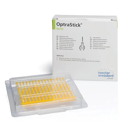 Ivoclar OptraStick Refill for dentists with yellow applicator tips in clear plastic packaging and white box