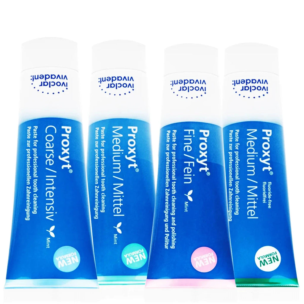 Ivoclar Proxyt polishing paste tubes in coarse, medium, and fine textures for dental professionals