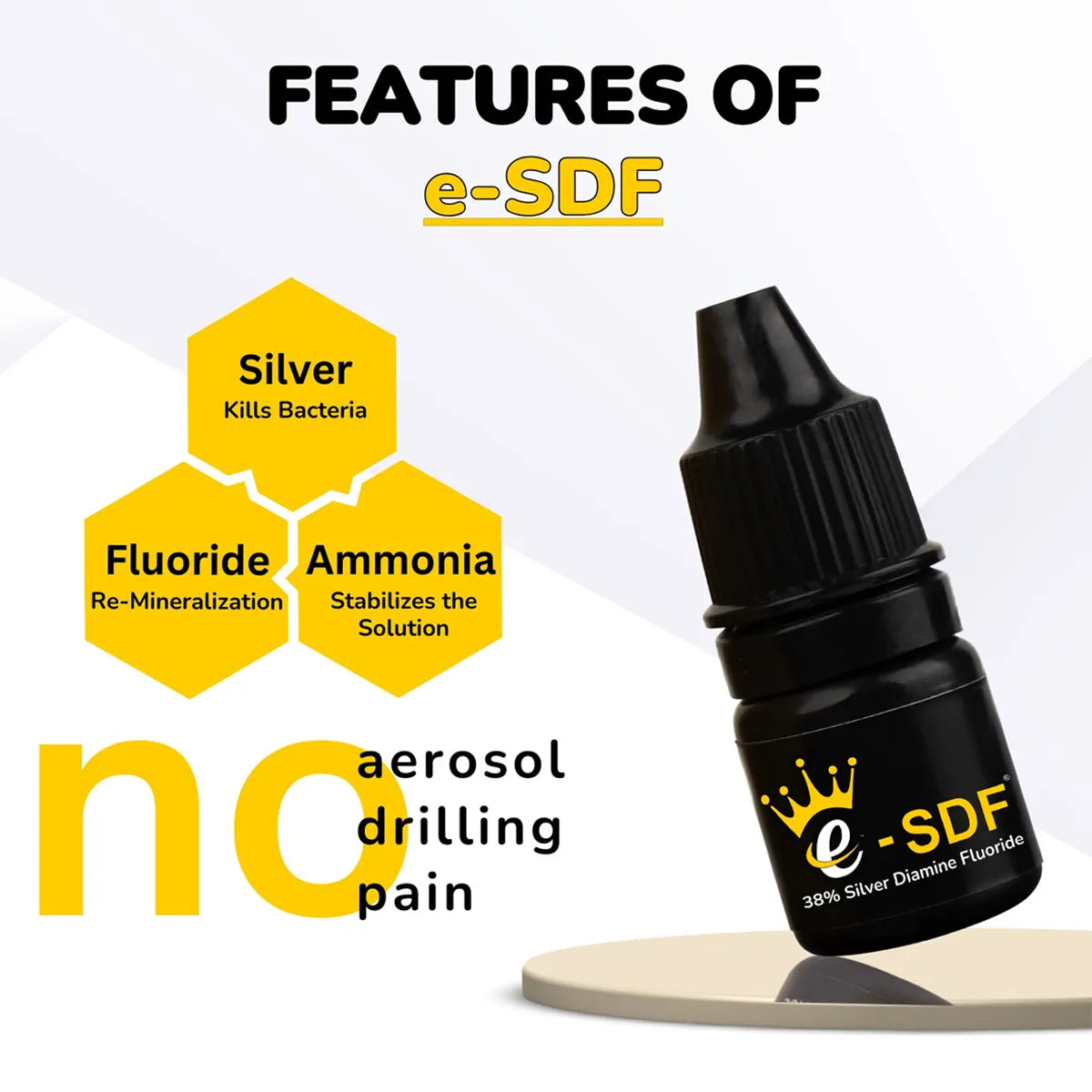 Beetle Dental e SDF bottle with infographic showing Kids Silver Diamine Fluoride benefits kills bacteria remineralizes