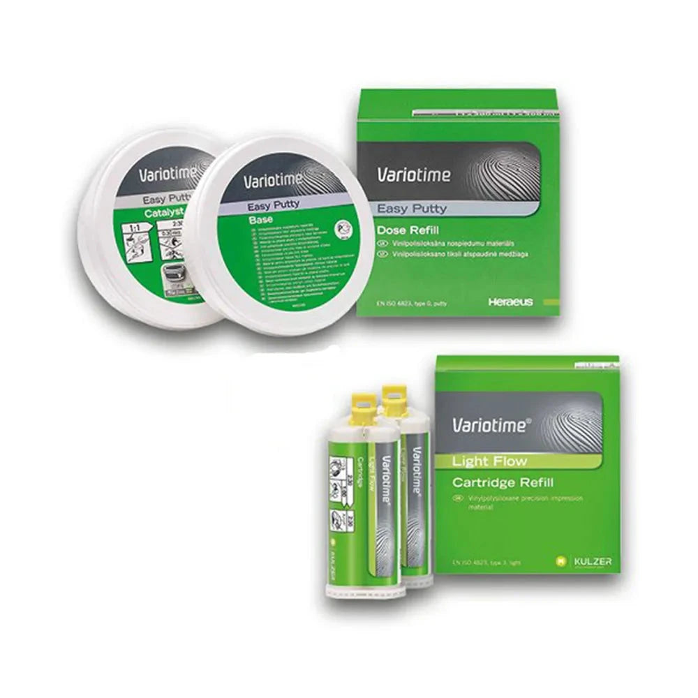 Kulzer Variotime dental putty kit with base, catalyst, and light flow cartridge refills