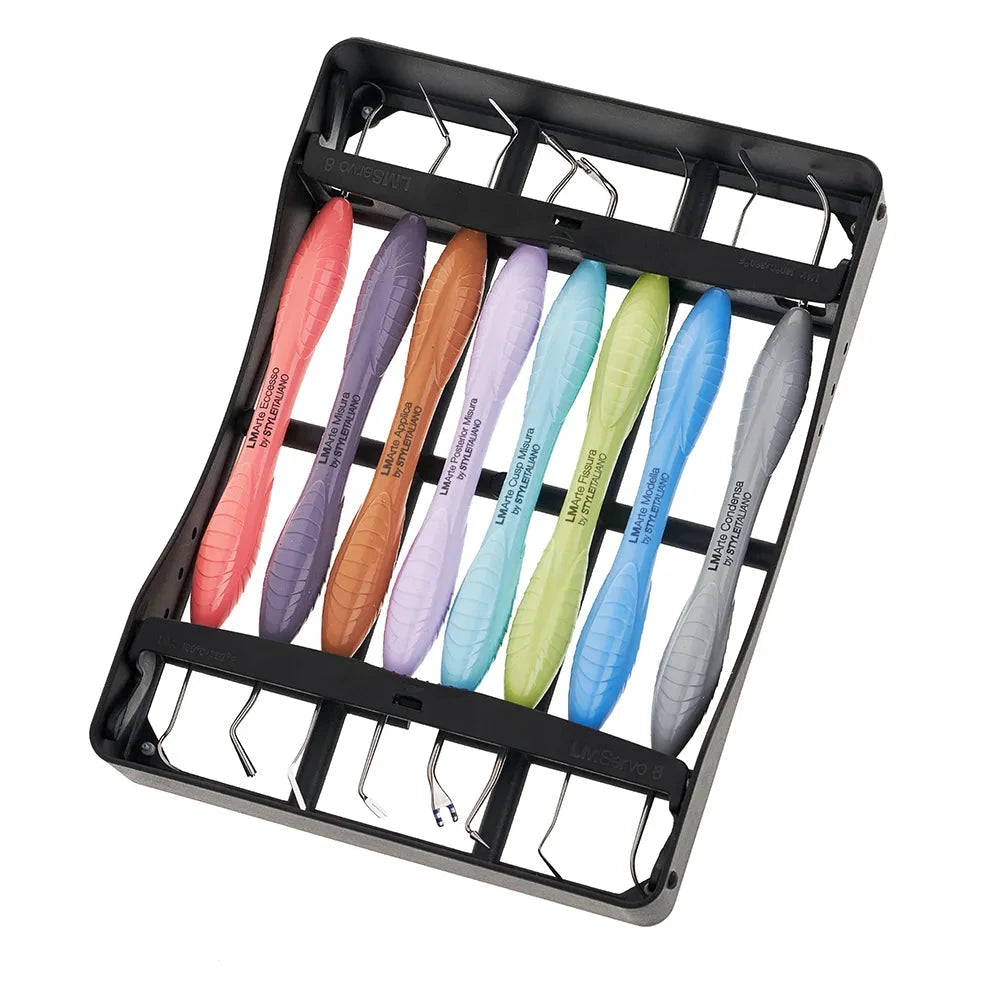 LM Arte Instrument Set by Beetle Dental with colorful ergonomic handles in black holder