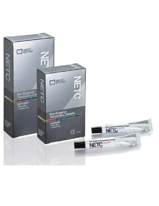 Meta Biomed NETC dental cement kit with two tubes and packaging for temporary dental restorations
