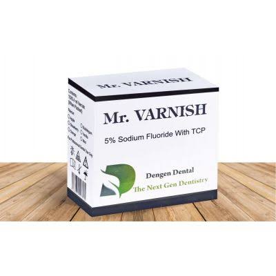 Beetle Dental Mr VARNISH product box labeled 5 percent sodium fluoride for dental fluoride varnish application