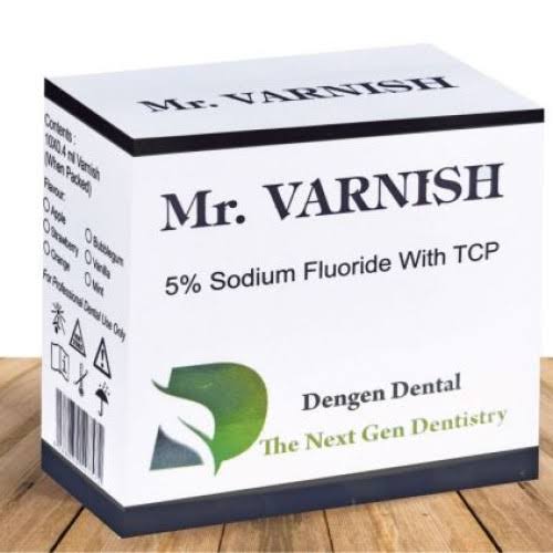 Beetle Dental Mr Varnish box showing 5 percent sodium fluoride with TCP dental fluoride varnish for cavity prevention
