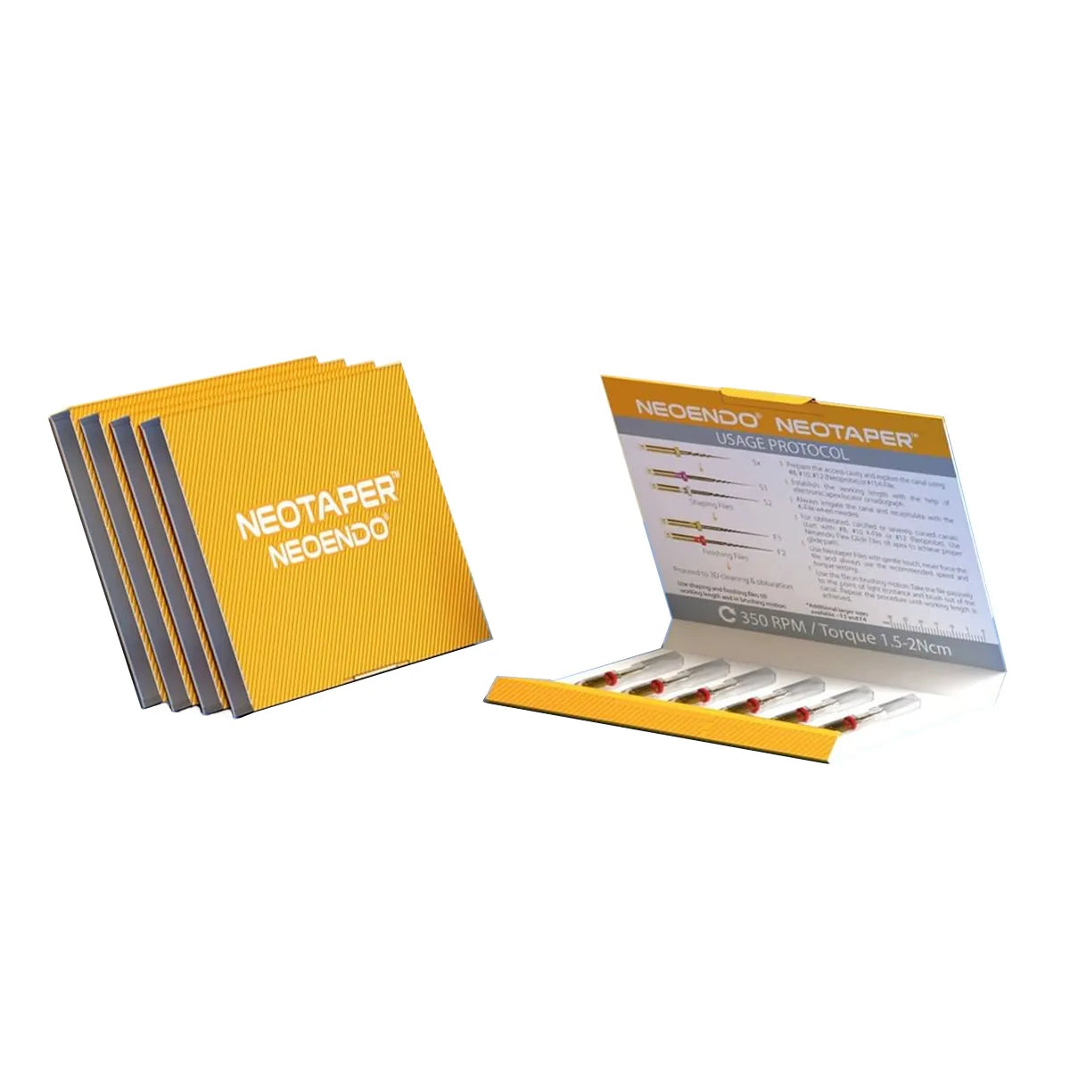 NeoTaper endo files by Beetle Dental showing packaging and a set of endodontic files with usage instructions