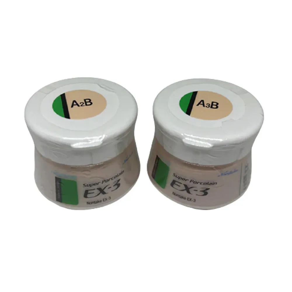 Two small jars of Noritake Super Porcelain EX-3 Body dental porcelain A2B and A3B shades by Beetle Dental