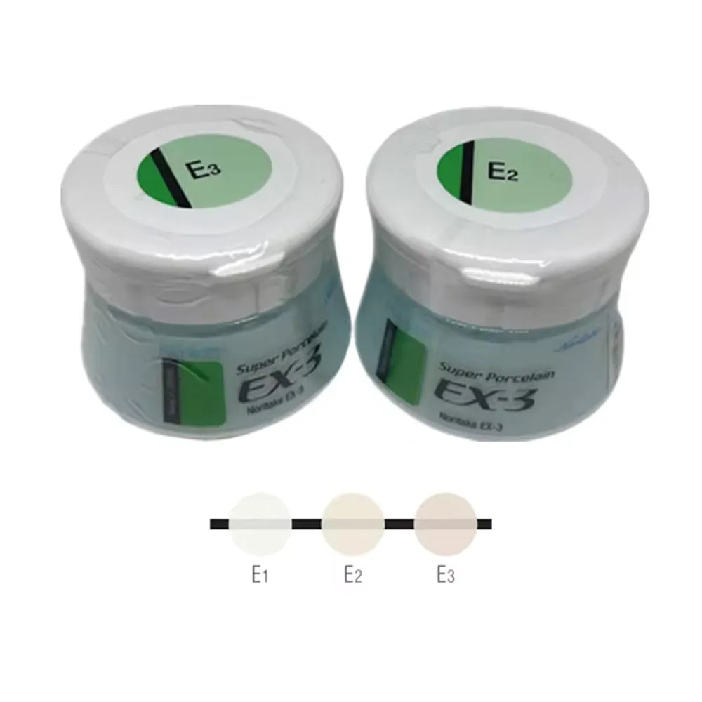 Two jars of Noritake Super Porcelain EX-3 Enamel dental porcelain powder with E2 and E3 shade samples