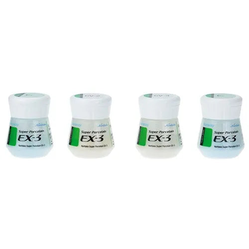 Four jars of Noritake Super Porcelain EX-3 Opacious Body dental porcelain with white lids