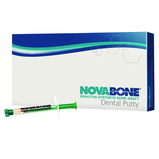 Novabone dental putty syringe with packaging for bioactive synthetic bone graft in dentistry