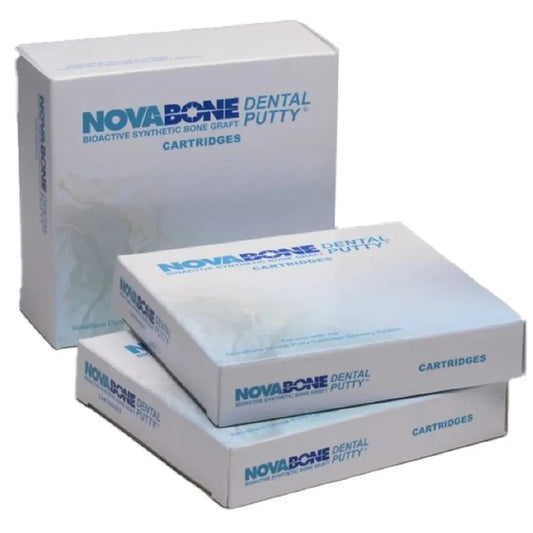 Novabone Putty Bonegraft packaging showing three boxes of bioactive synthetic dental putty cartridges