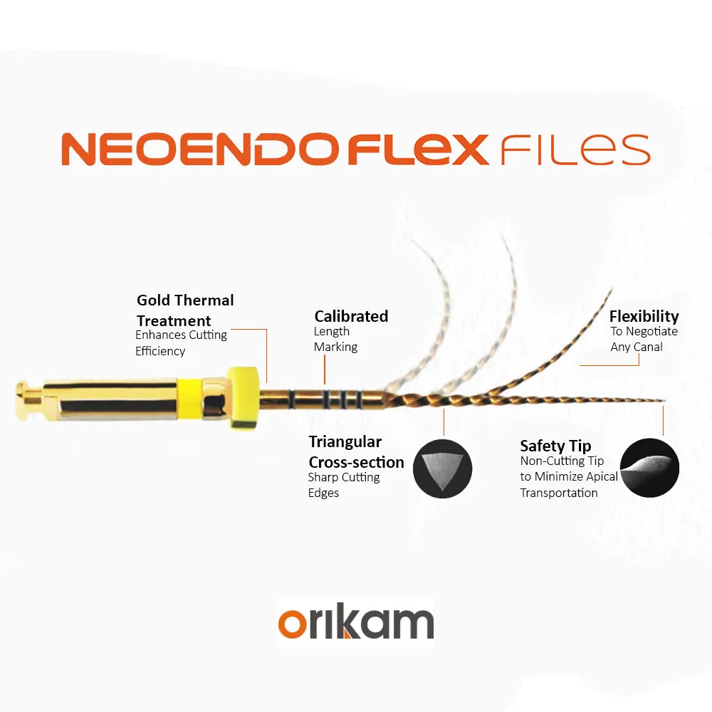 Neo Endo Flex Files with gold thermal treatment and triangular cross-section for precise root canal use