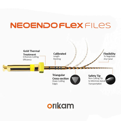 Neo Endo Flex Files with gold thermal treatment and triangular cross-section for precise root canal use