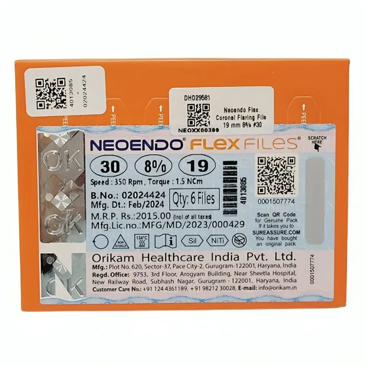 Orikam Neo Endo Flex Files dental instrument packaging with size 30 and 8 percent taper