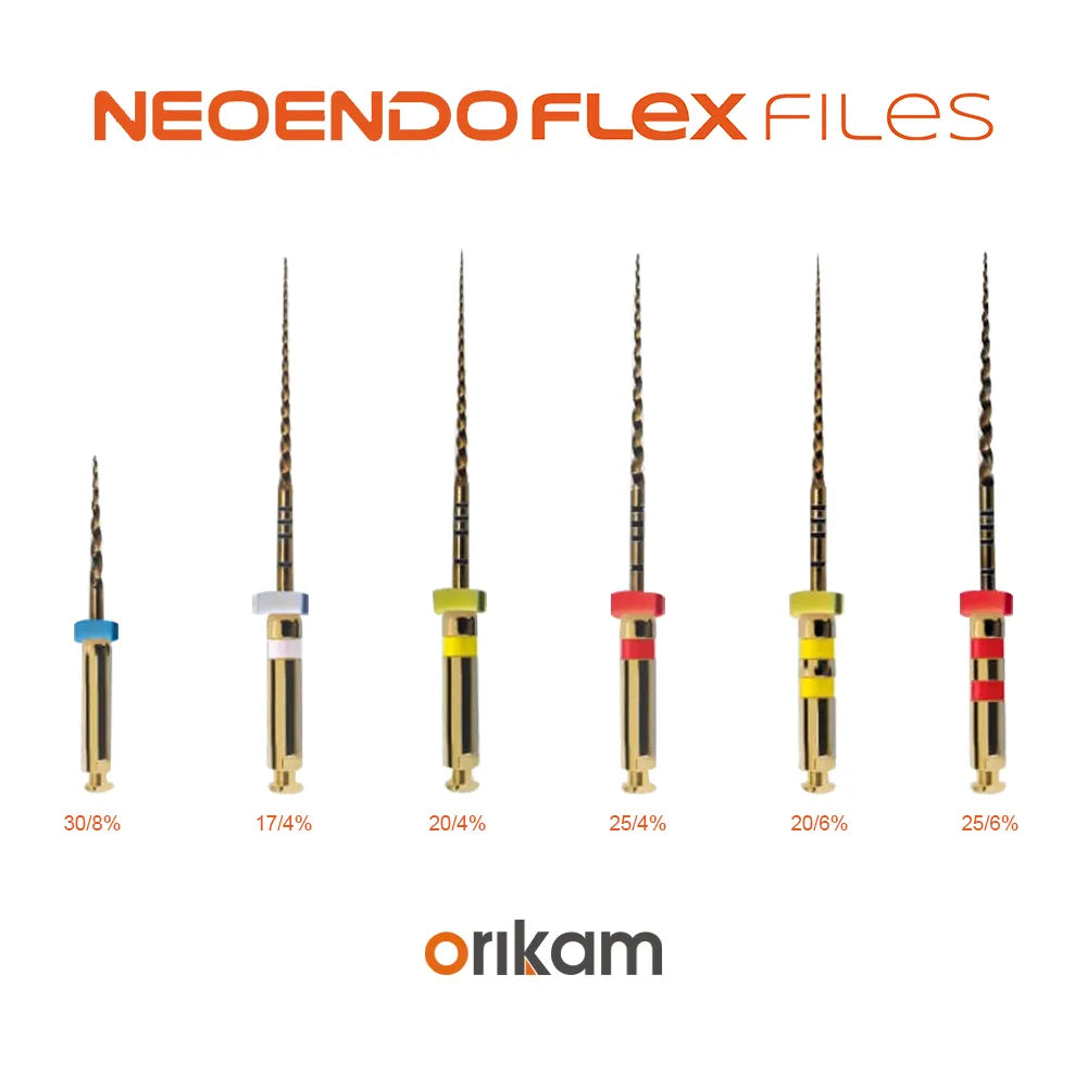Neo Endo Flex Files dental rotary instruments with different sizes and color-coded handles for root canal treatment
