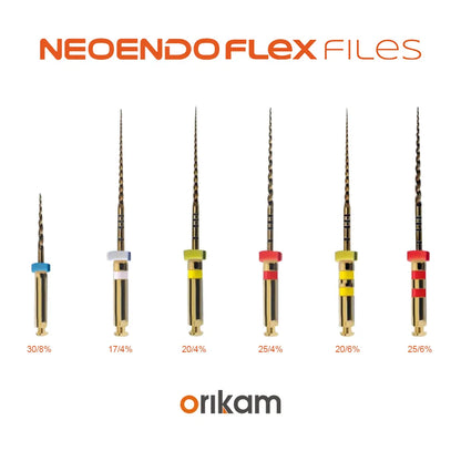 Neo Endo Flex Files dental rotary instruments with different sizes and color-coded handles for root canal treatment