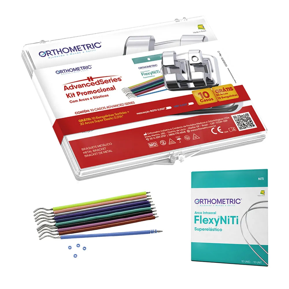 OrthoMetric advanced metal bracket kit featuring brackets, ligatures, and FlexyNiTi archwires for orthodontic use