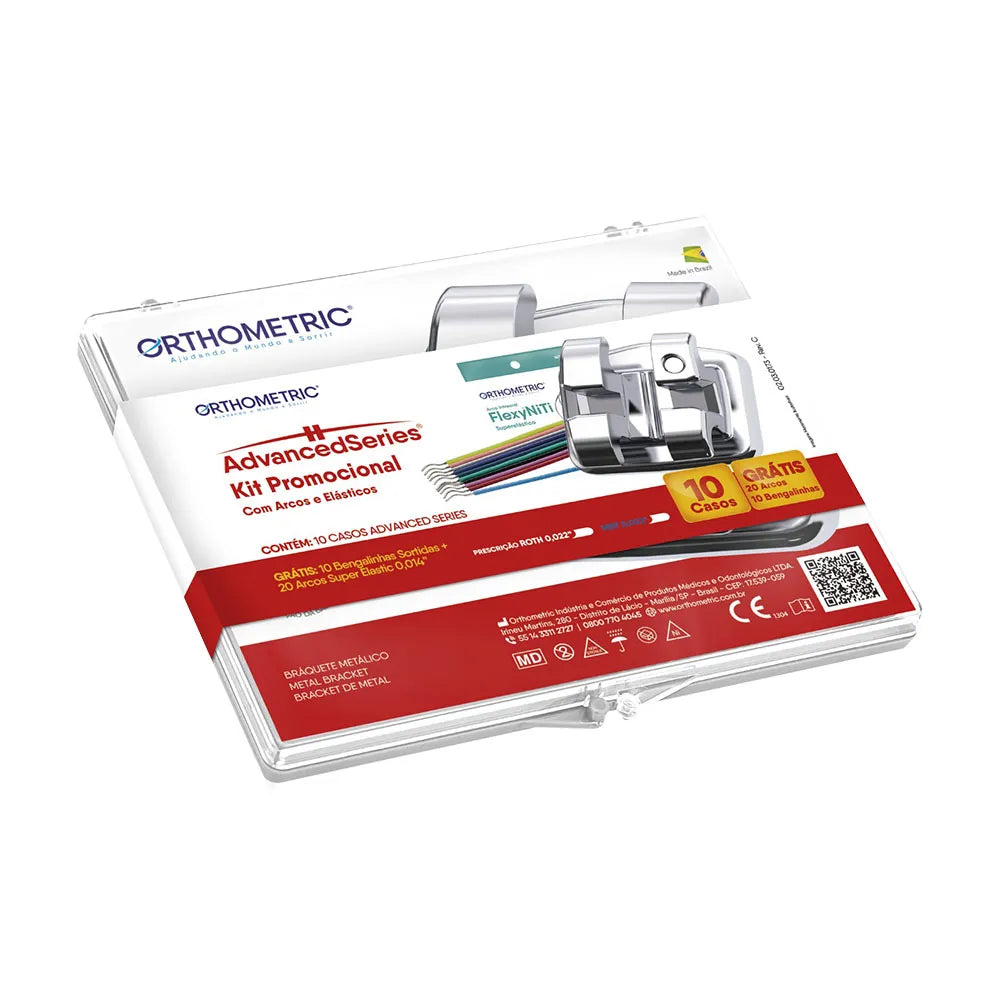 OrthoMetric advanced metal bracket kit with 10 brackets in a detailed packaging for dental use