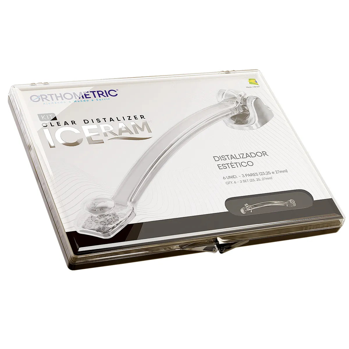 OrthoMetric Iceram Clear Distalizer in a transparent case for dental use
