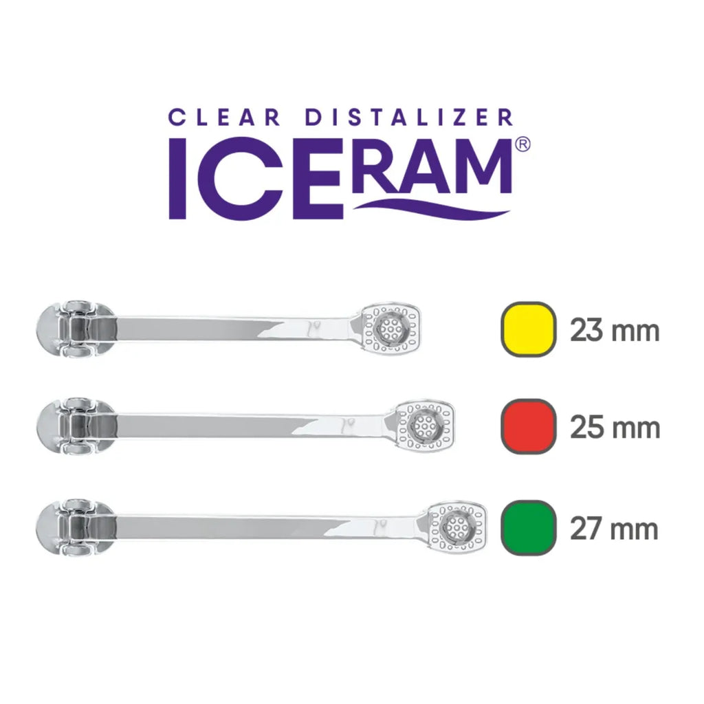 Orthometric Iceram Clear Distalizer Options in 23 mm, 25 mm, and 27 mm Sizes