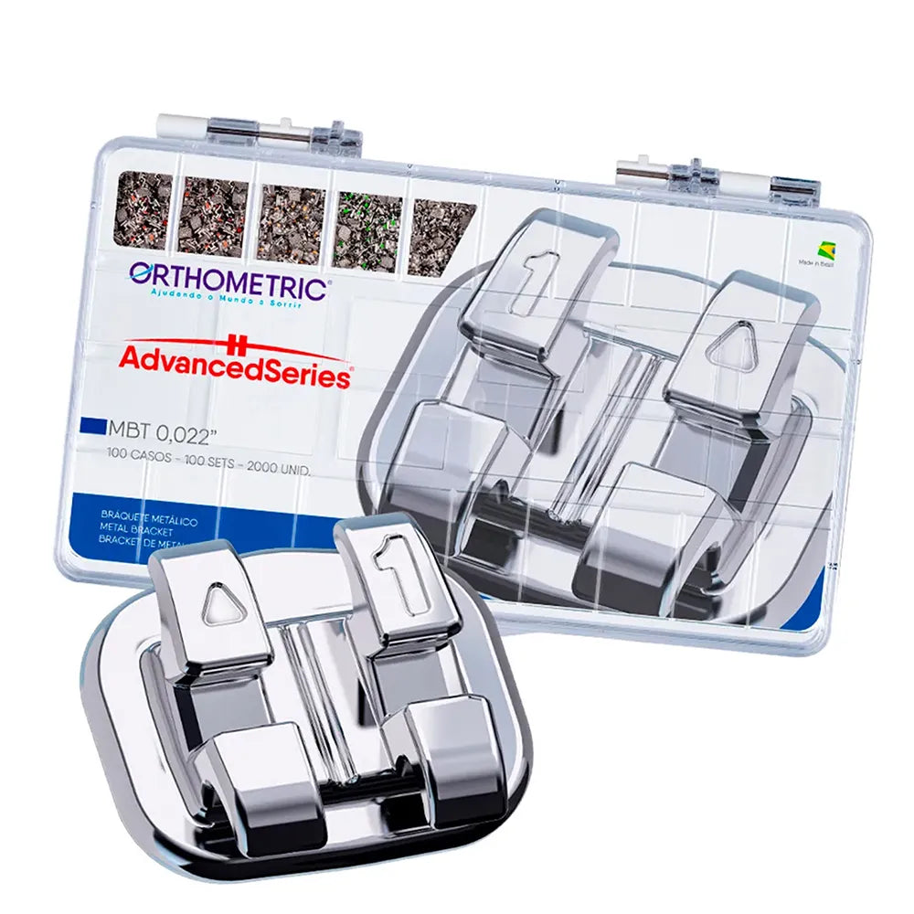 OrthoMetric metal bracket kit MBT 022 in case with multiple brackets for orthodontic treatments