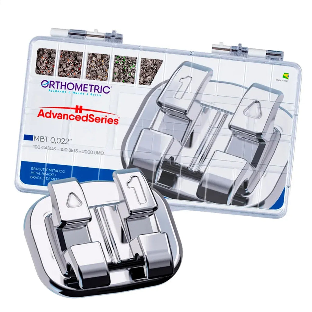 OrthoMetric metal bracket kit MBT 022 with 100 brackets in a durable storage case for orthodontic use