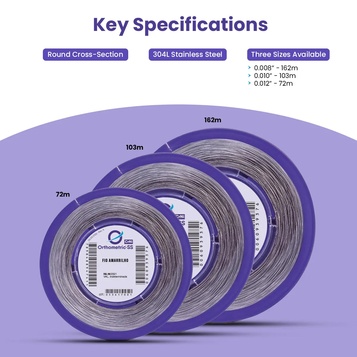 OrthoMetric SS round ligature wire spool set in three sizes for dental applications
