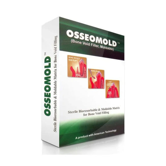 Osseomold bone grafting material box with images showing applications for bone void filling