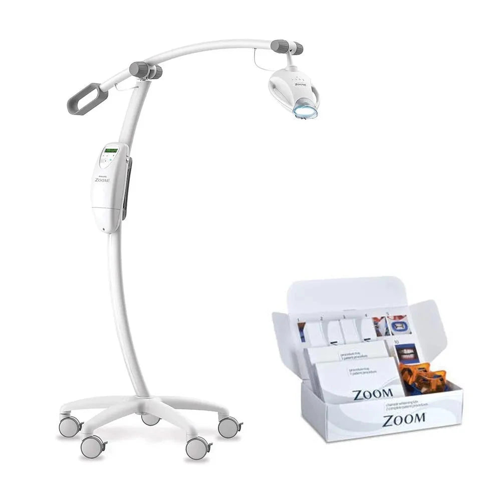 Philips Zoom whitening machine on wheels with adjustable arm and whitening kit box by Beetle Dental