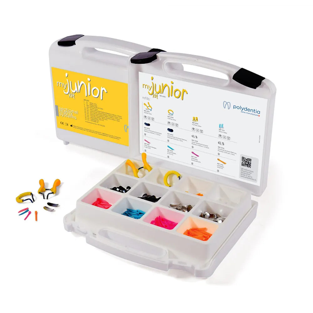 Beetle Dental paediatric sectional matrix system kit open plastic case with colorful rings clamps and pediatric dental matrices