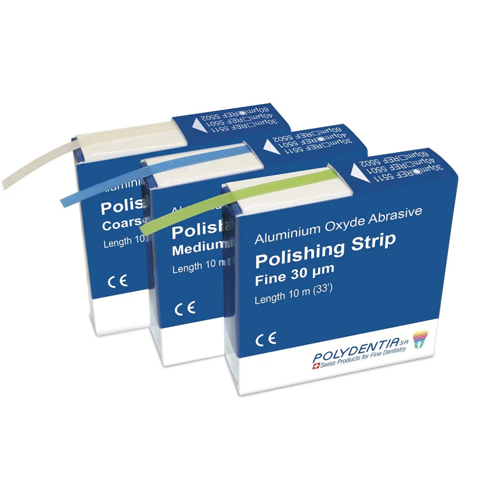 Polydentia abrasive polishing strips three blue boxes of aluminum oxide dental polishing strips fine medium coarse 10 m
