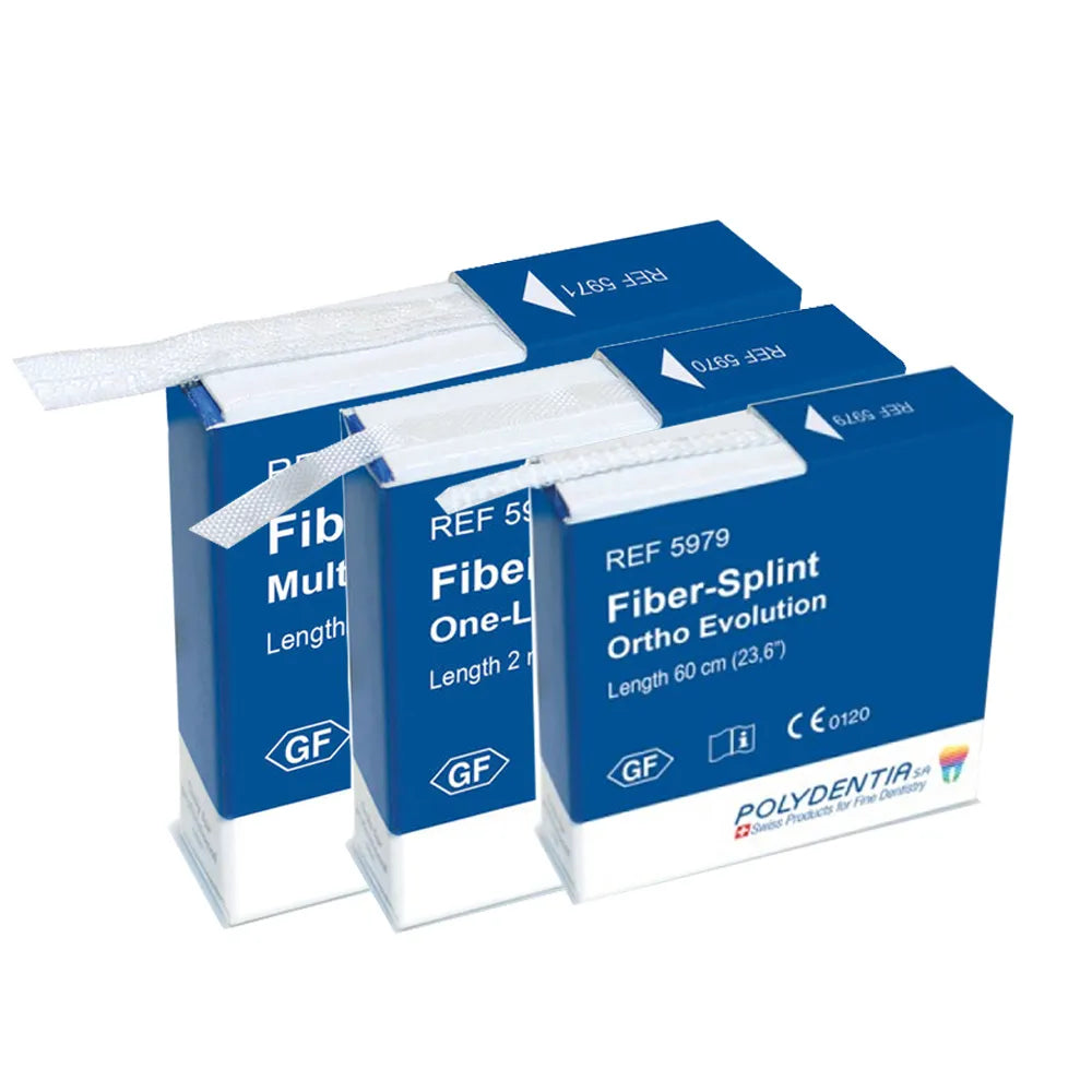 Polydentia fiber splint dental blue boxes with three sizes and white fiber strips for orthodontic splinting