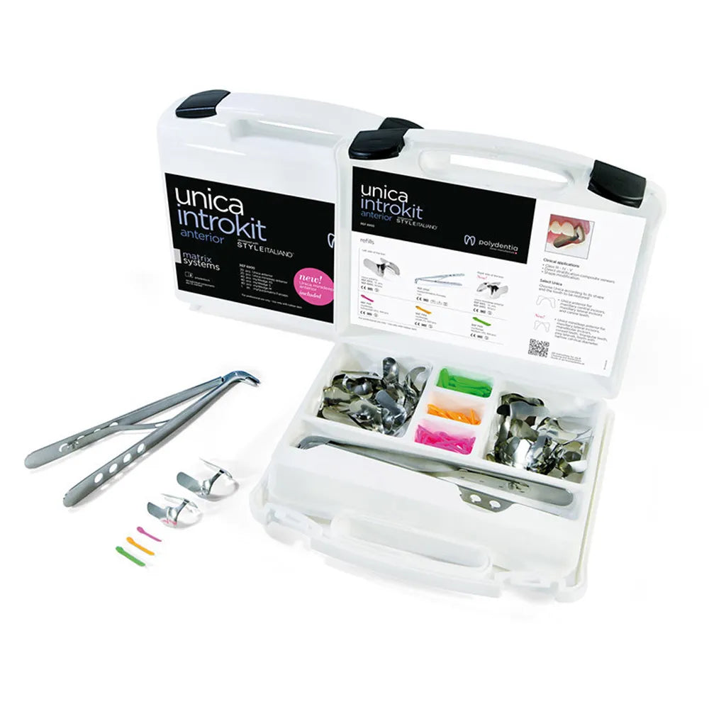 Polydentia Unica Anterior Matrix System Kit open case with dental matrix bands retainers wedges and instruments