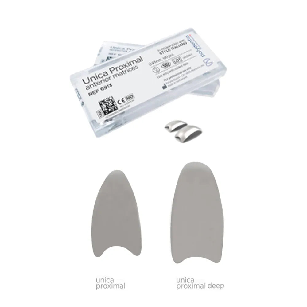 Polydentia Unica Anterior Matrix System Kit showing two anterior proximal matrix bands and metal rings in clear packaging