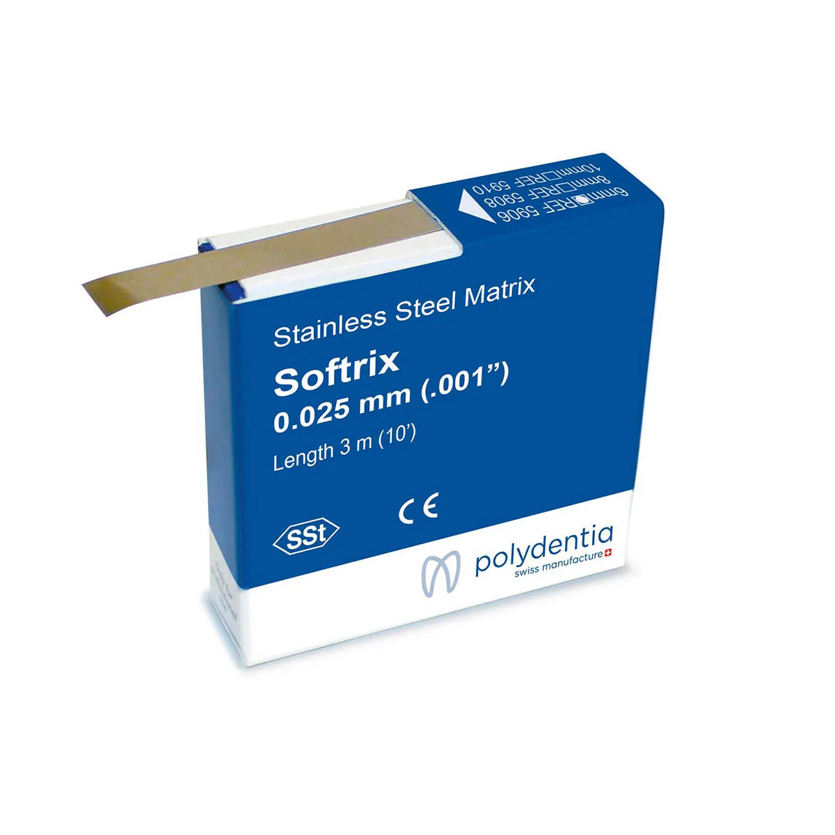 Beetle Dental stainless steel dental matrix strips Softrix 0.025 mm 3 m box showing a metal strip protruding