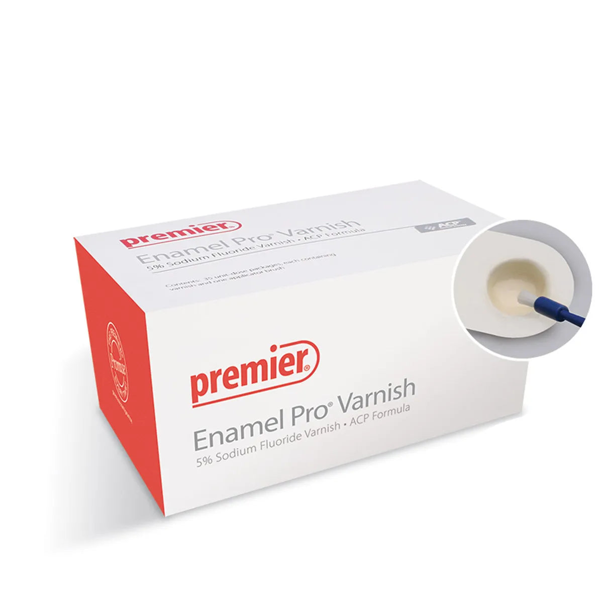 Premier Dental Enamel Pro Varnish box and applicator showing creamy varnish cup 5 percent sodium fluoride