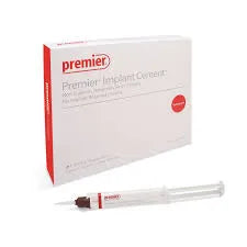 Premier dental implant cement syringe with white retail box and clear cartridge for precise crown cementation