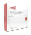 Premier Implant Cement white and red box for implant retained crowns showing Premier dental implant cement syringe