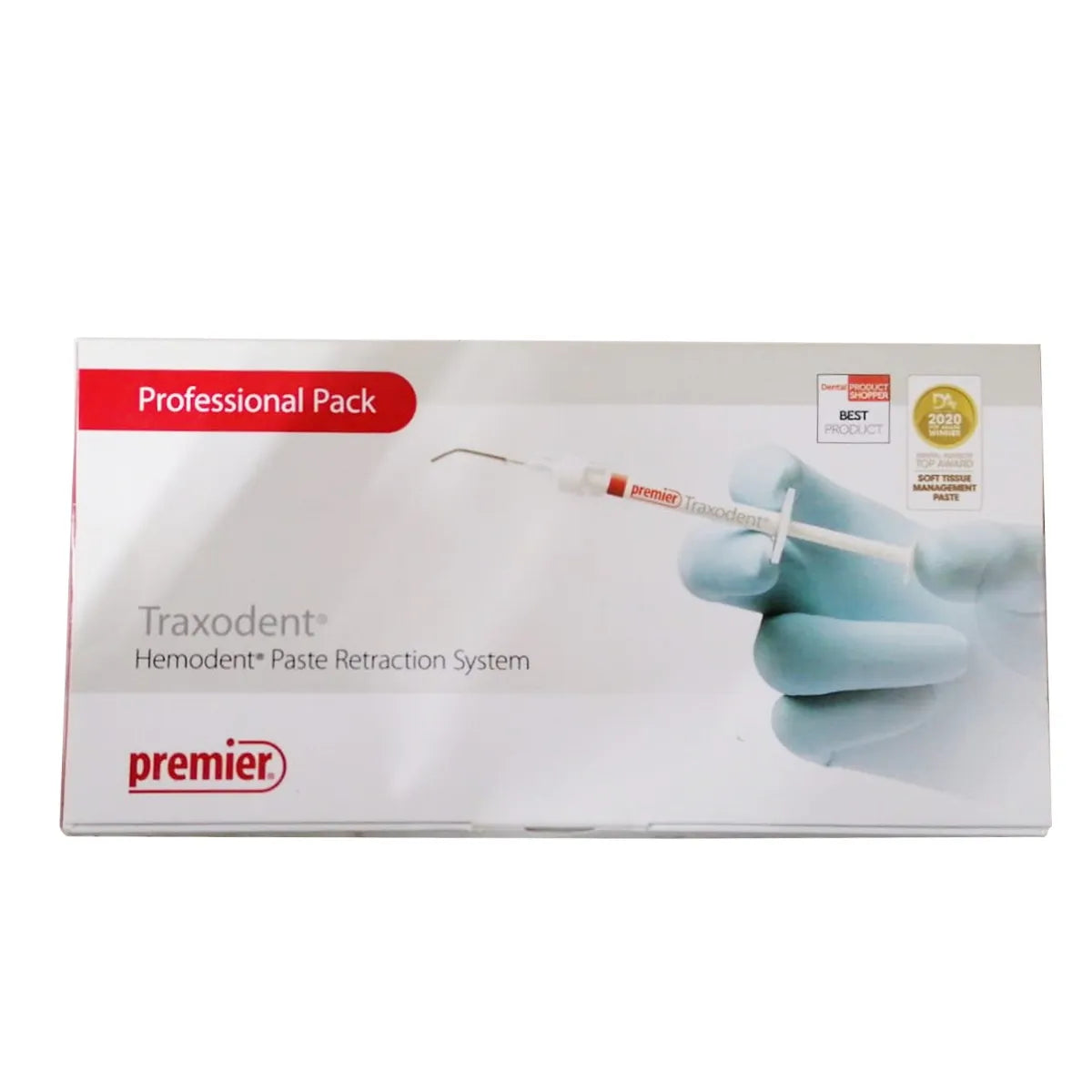 Beetle Dental product box showing Premier Traxodent Hemodent syringe held by gloved hand Traxodent retraction paste for dentists