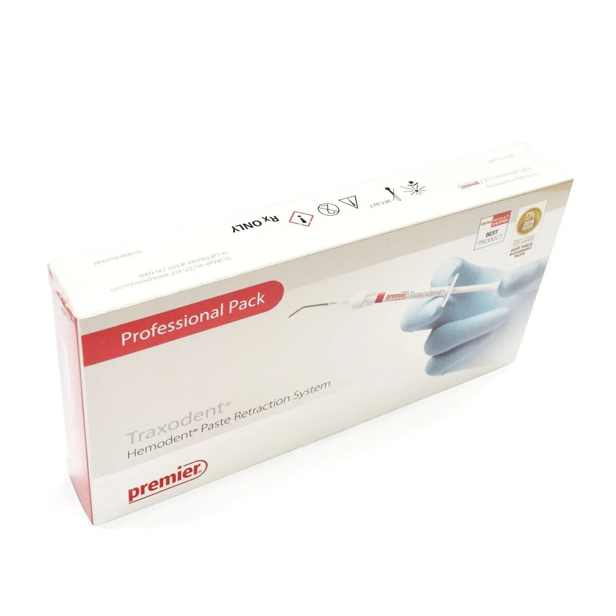 Premier Professional Pack box with syringe and gloved hand showing Traxodent retraction paste for dentists.
