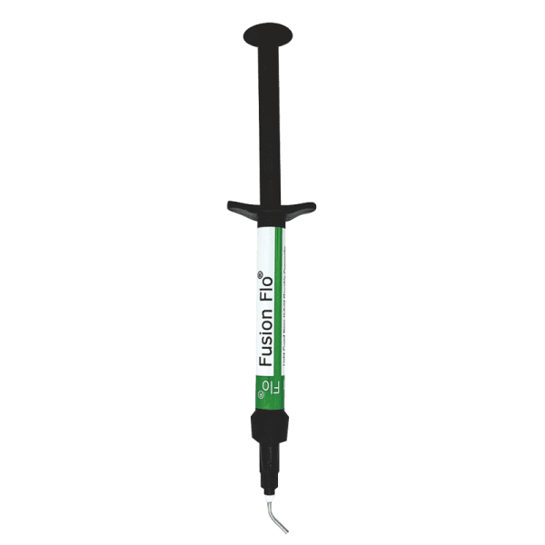 Prevest Fusion Flow dental composite syringe with curved dispensing tip for dental restorations