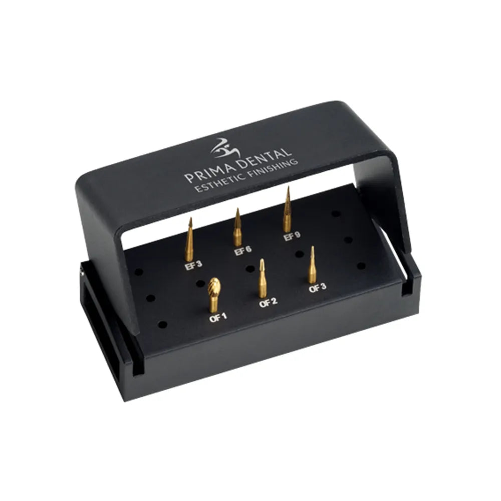 Beetle Dental esthetic finishing bur kit for dentists gold coated burs in black Prima Dental holder