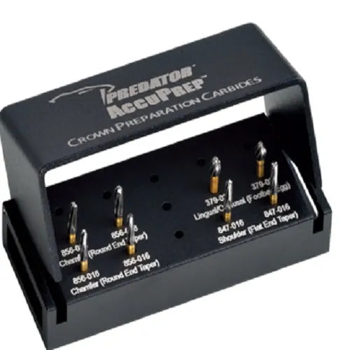 Prima Dental Accuprep PR-2T crown prep kit. Black bur holder display with assorted crown preparation burs
